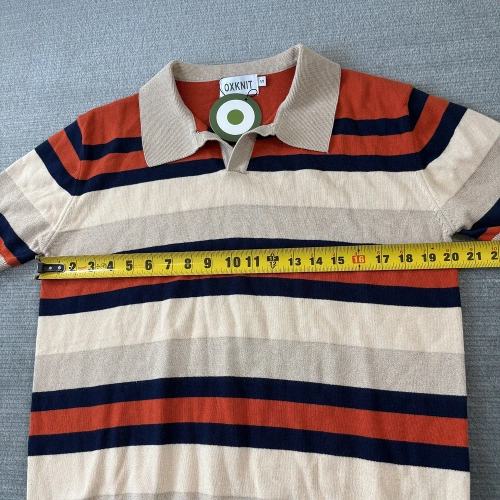 Oxknit Polo Sweater Men S Striped Beige Blue Striped Collar Retro 70s Knit